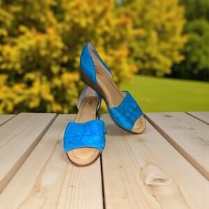 Anthropologie Latigo Shona Blue Suede Leather Ruffle Wedge Sandals Size 8M NWOB